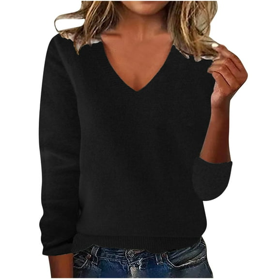Royisotas Pullover Sweaters for Women Black Solid Color Long Sleeve Knit V Neck Casual Womens Sweater Tops