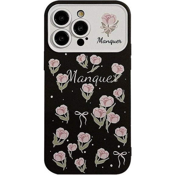Fashion Pink Tulips Flowers Bow Large Window Camera Lens Protector Phone Case Compatible with iPhone Case for Women Girls (Black,iPhone 11)