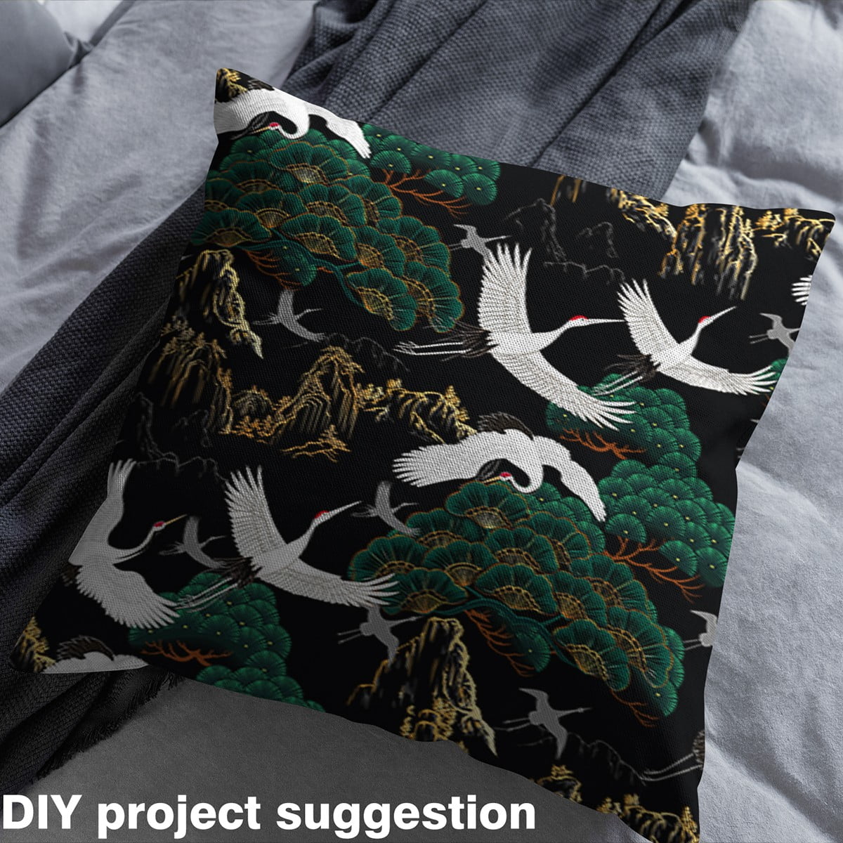 Castle Fairy Flying Crane Bird Fabric by the Yard 1 Yard, Japanese Style Room Decor Fabric by the Yard, Mountain Tree Leaf Fabric for Sewing, Lightweight Room Decor