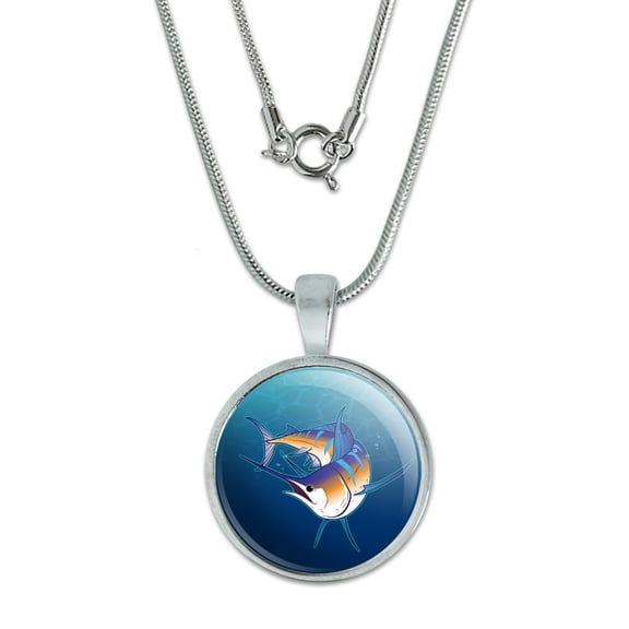 Blue Marlin Swimming in Ocean 0.75" Pendant with Sterling Silver Plated Chain