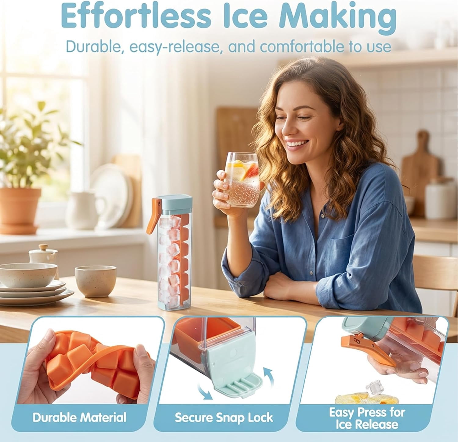 One Glass Ice Maker - Ice Cube Mold with One Hand Press (Orange)