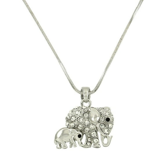 Mother and Son Elephant Pendant Necklace Rhinestone Crystal Rhodium High Polished J0416