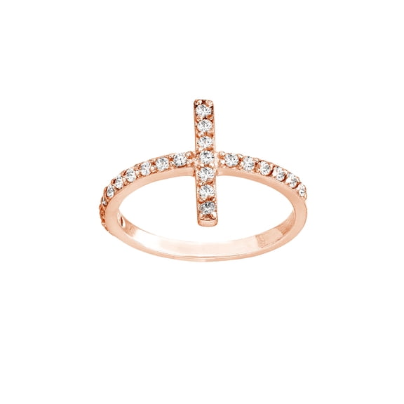 925 Sterling Silver Rose Plated Side-ways Cubic Zirconia Religious Faith Cross Ring Size 8 Ring for Women
