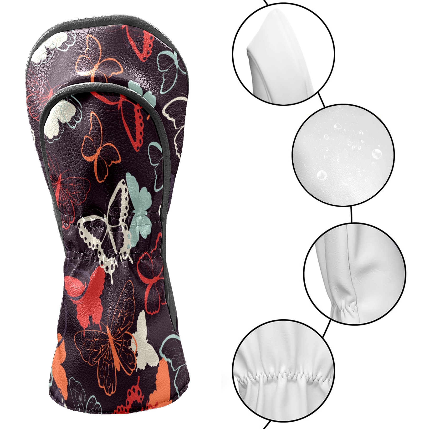 Golf Head Covers Colorful Butterfly Design for Driver, Wood & Hybrid, Premium Waterproof PU Leather with Plush Lining, Elegant Nature Golf Gifts