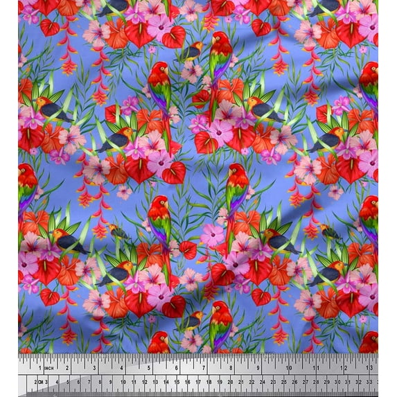 Soimoi Blue Satin Silk Fabric Laceleaf & Macaw Parrot Bird Print Fabric by Yard 42 Inch Wide