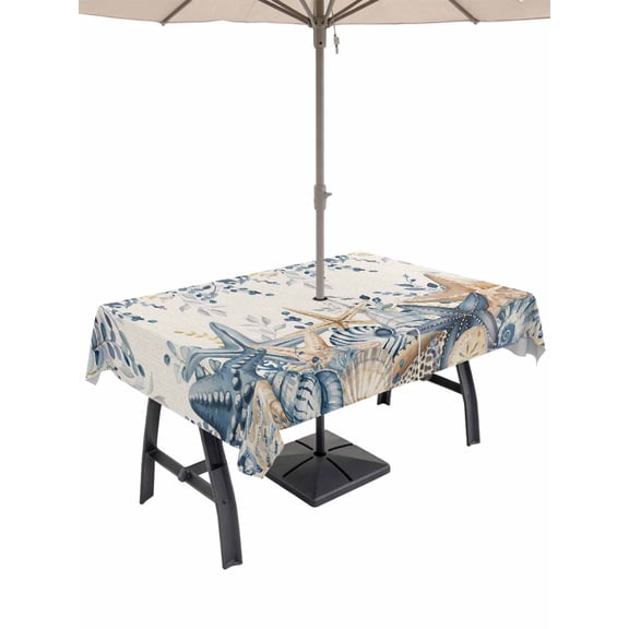 Outdoor Tablecloth with Umbrella Hole for Patio/Picnic/Party/Camping, Blue Eucalyptus Coastal Waterproof Table Cloth Rectangle Table Cover Washable, Beach Starfish Shell Nautical Rustic (54"x 80")