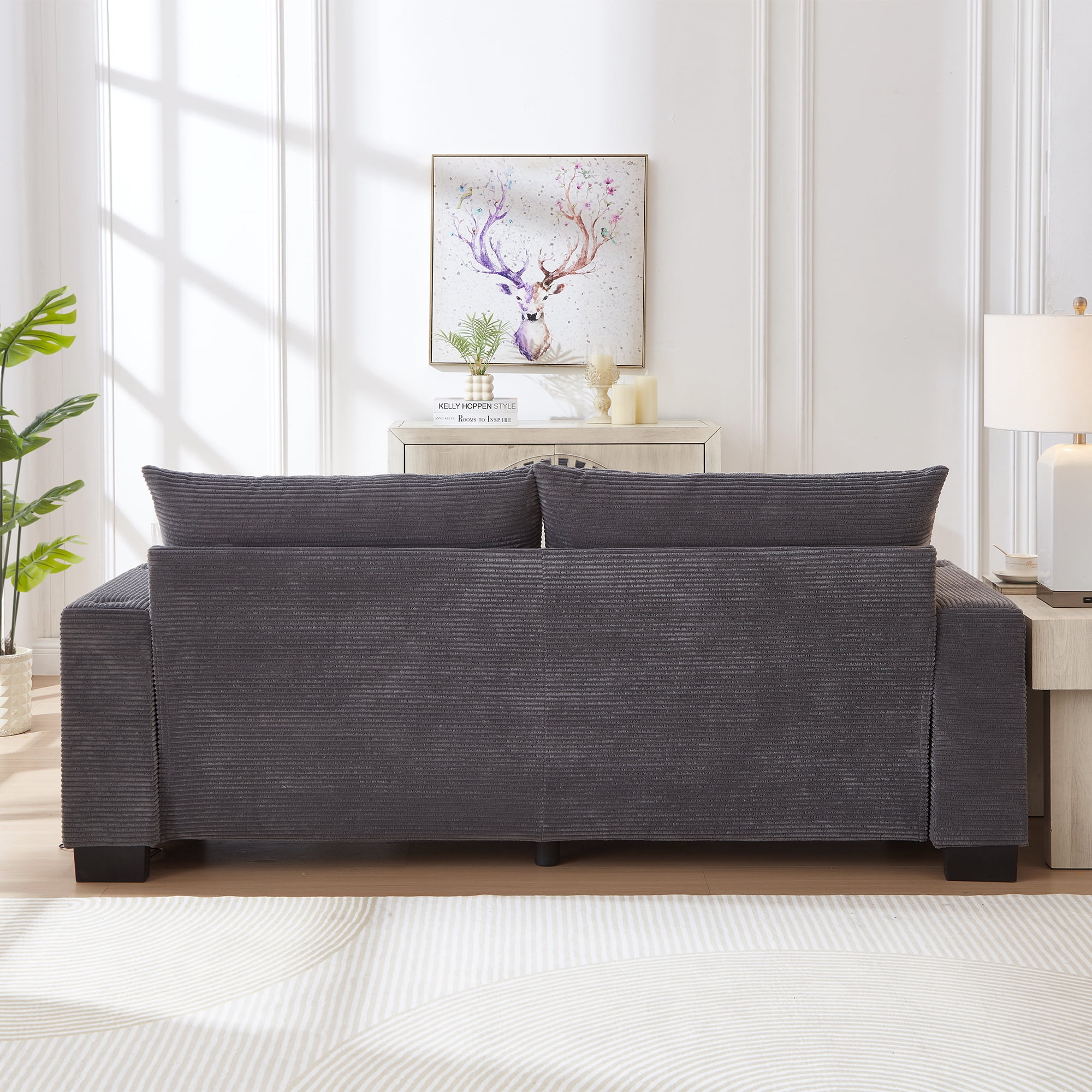 78" Corduroy Sofa,3 Seater Sofa with Extra Deep Seats,Modern Upholstered Couch with USB,Cup Holders & Side Pocket,2 Pillows for Living Room,Gray