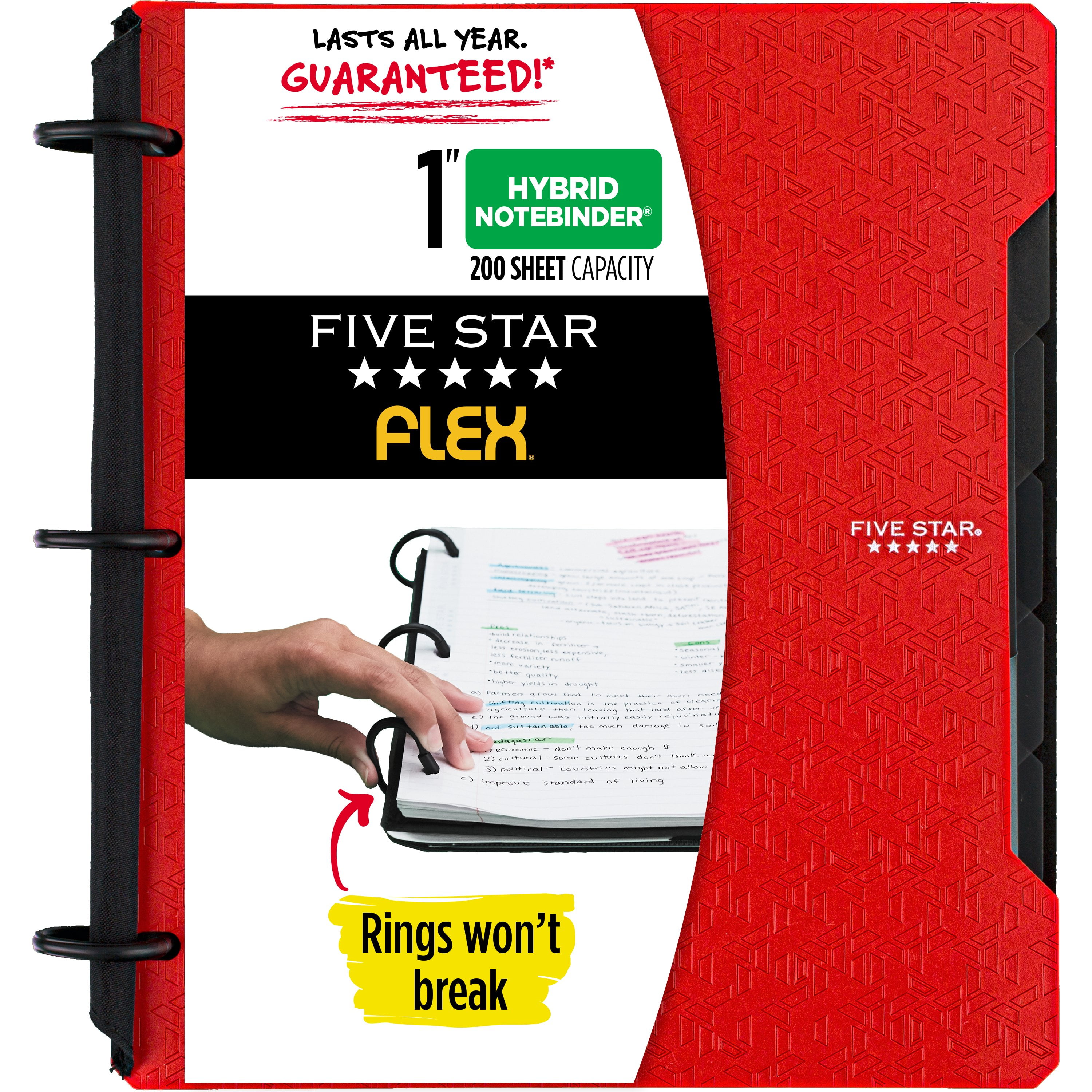 Five Star Flex Hybrid NoteBinder, 1' Round Rings, Notepocket, Techlock, Fire Red (293280C-WMT22)