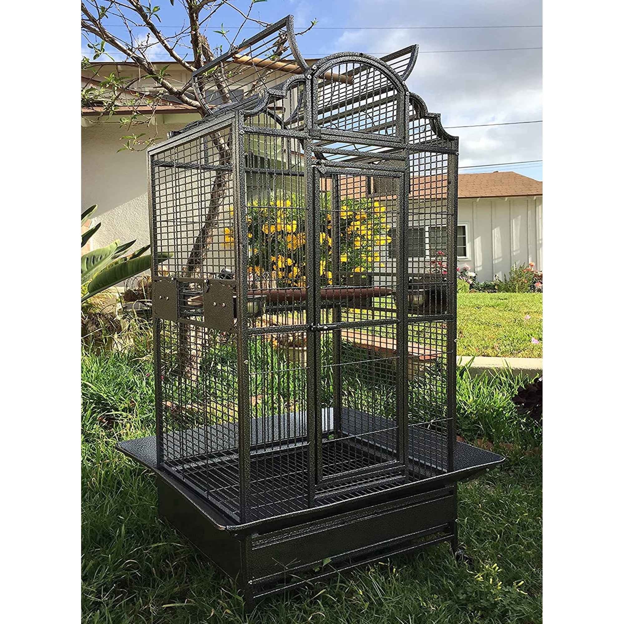 X-Large 28" x 22" x 63"H Elegant Stylish Wrought Iron Open/Close Play Top Perch Stand Bird Parrot Rolling Cage Include Stainless Steel Feeder Cups Metal Seed Guard Solid Metal Feeder Breeding Nest