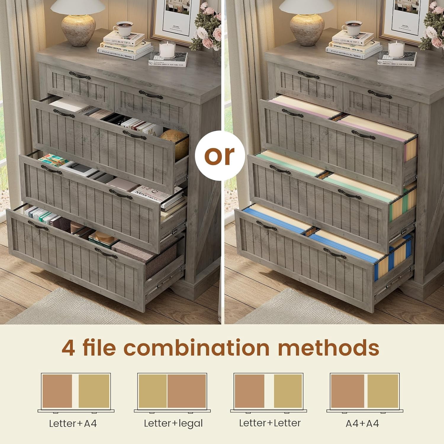 SEDETA File Cabinet with 5 Wood Drawers, Farmhouse Filing Cabinet for Home Office, Wood Office File Cabinets for Letter/Legal/A4 Size, Lateral File Cabinets with Printer Stand, Grey