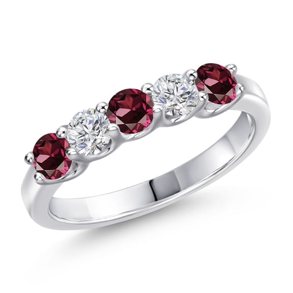 Gem Stone King 925 Sterling Silver Red Rhodolite Garnet and Lab Grown Diamond Wedding-Bands Ring for Women | 1.00 Cttw | Round 3.5MM | Gemstone January Birthstone | Size 5