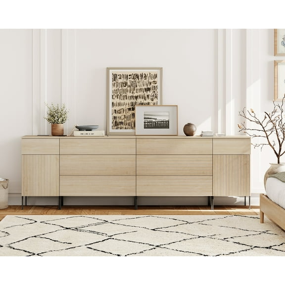 94.5" Modern Wood 8-Drawer Dresser with Reeded Design, Minimalist Dresser Organizer Storage With Charging Station for Bedroom,Living room, Entryway