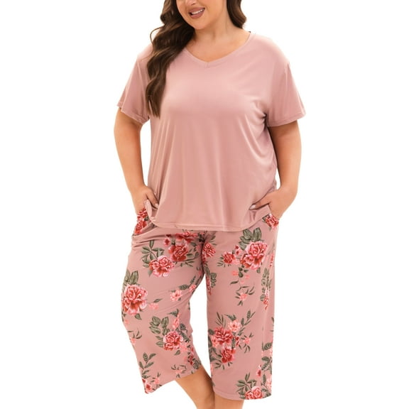 MUKVIK Plus Size Pajamas for Women Set, Womens Plus Size Short Sleeve V Neck Capri Pants Pajama Sets with Pockets(Floral Brown 1,3X)