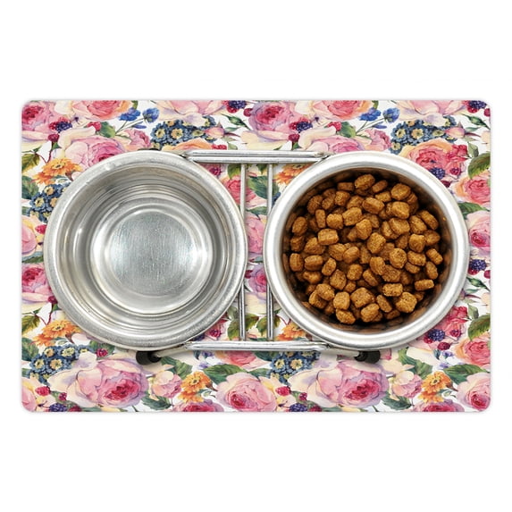 Shabby Flora Pet Mat for Food and Water, Country Life Design with Flowers Florals Roses Orchids Buds Romantic Print, Non-Slip Rubber Mat for Dogs and Cats, 18" X 12", by Ambesonne