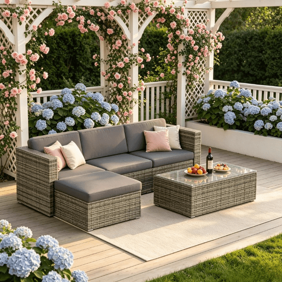 5 Piece Modular Outdoor Rattan Sectional Set May in Color, Gray Wicker Patio Conversation Furniture with Thick Gray Cushions & Tempered Glass Coffee Table for Backyard Garden Porch