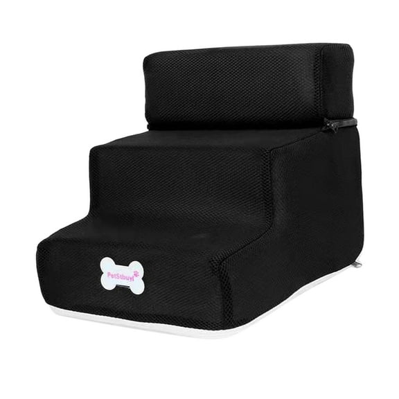 Soft Dog Stairs Ladder Anti Slip 3 Tiers Indoor Removable Zipper Cover Ramp Puppy for Dogs and Cats Couches Climbing , black