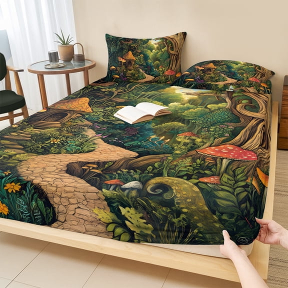 Twin Sze Fitted Sheet Set - Forest 2 Piece Bedding Sets 16" Deep Pocket Fitted Sheet with 1 Pillowcase, Vintage Cottage Mushroom Tree Floral Green Brushed Microfiber Hotel Luxury Bed Sheets