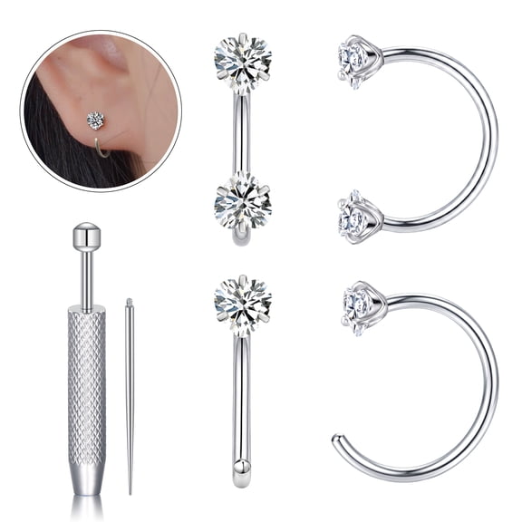 Briana Williams 4PCS 18G Internally Threaded Horseshoe Nose Rings Septum Ring Lip Studs Set with Insertion Pin & Grabber Tool, Heart CZ, Silver