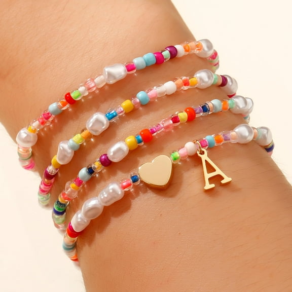 4-Piece Colorful Initial Bracelet Set, Bohemian Style Stackable Set Birthday Gift