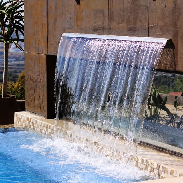 304 Stainless Steel Waterfall Fountain with LED Lights, Modern Rectangular Spillway Blade for Outdoor Garden Pond Pool Patio, Rustproof Easy Installation, Pipe Connector Included, 23.6 or 17.7 Inch