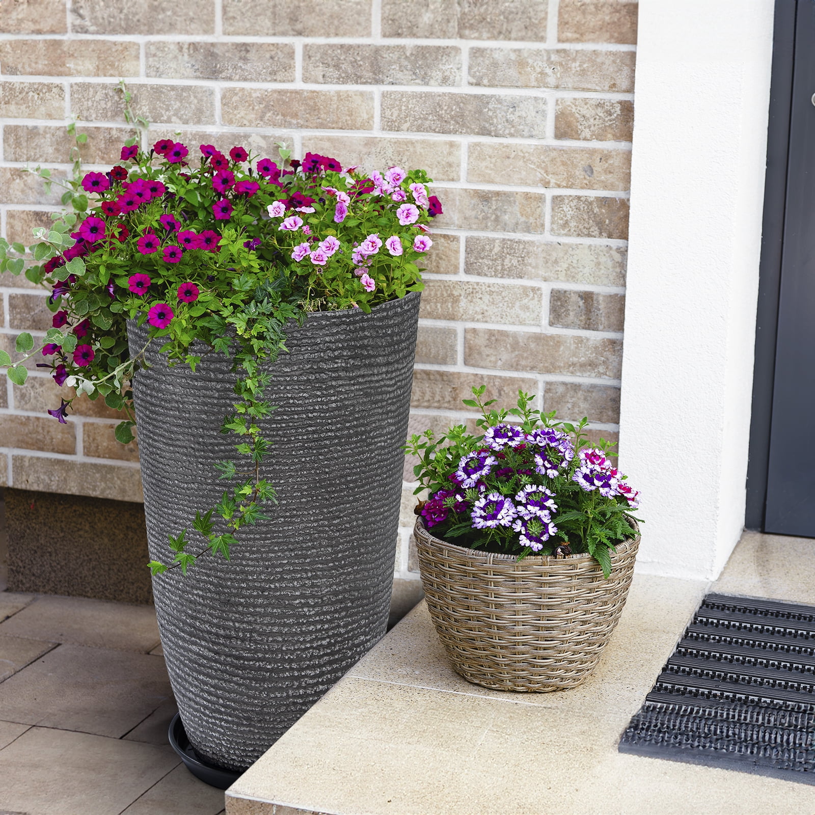 QCQHDU 21 inch Tall Planters with Saucer,2 Pack 9 Gallon Stone Round Pots for Indoor Plants,Outdoor Patio & Porch Decor, Heavy Duty Weatherproof Plant Containers,Dark Gray