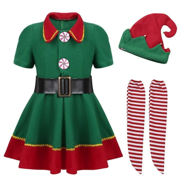 2023 disfraz de elfo verde para niñas, Festival de Navidad, Papá Noel para niñas, ropa de Año Nuevo para niños, vestido elegante, vestido de fiesta de Navidad