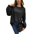 thumbnail image 1 of Suéter de punto acanalado con cuello redondo para mujer Otoño Invierno Suelto Casual Color puro Suéter para ir de compras Negro S, 1 of 4