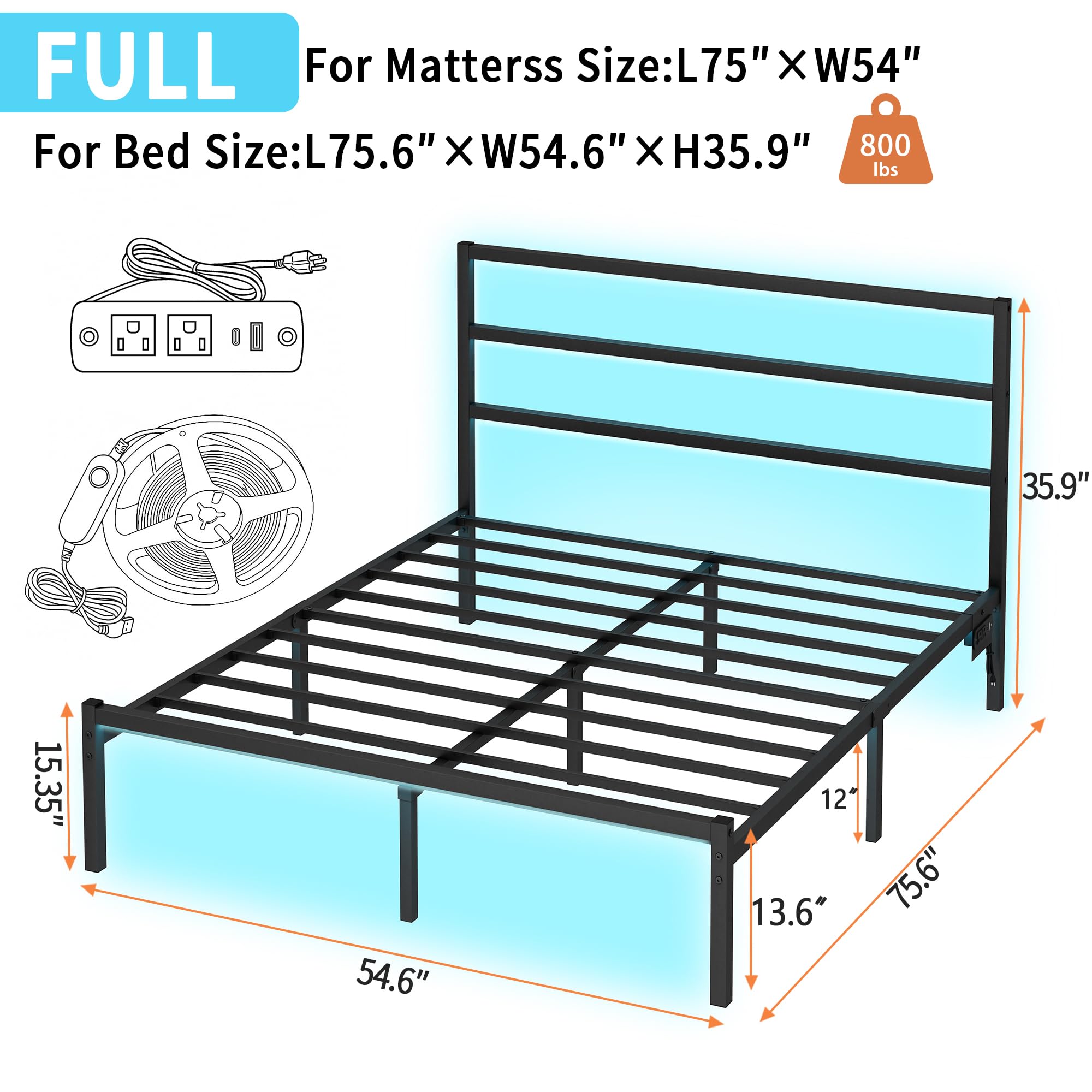 Chuangshuo Guard Full Size Bed Frame with LED Storage Headboard Shelf, Noise-Free, Metal Platform Bed, Black