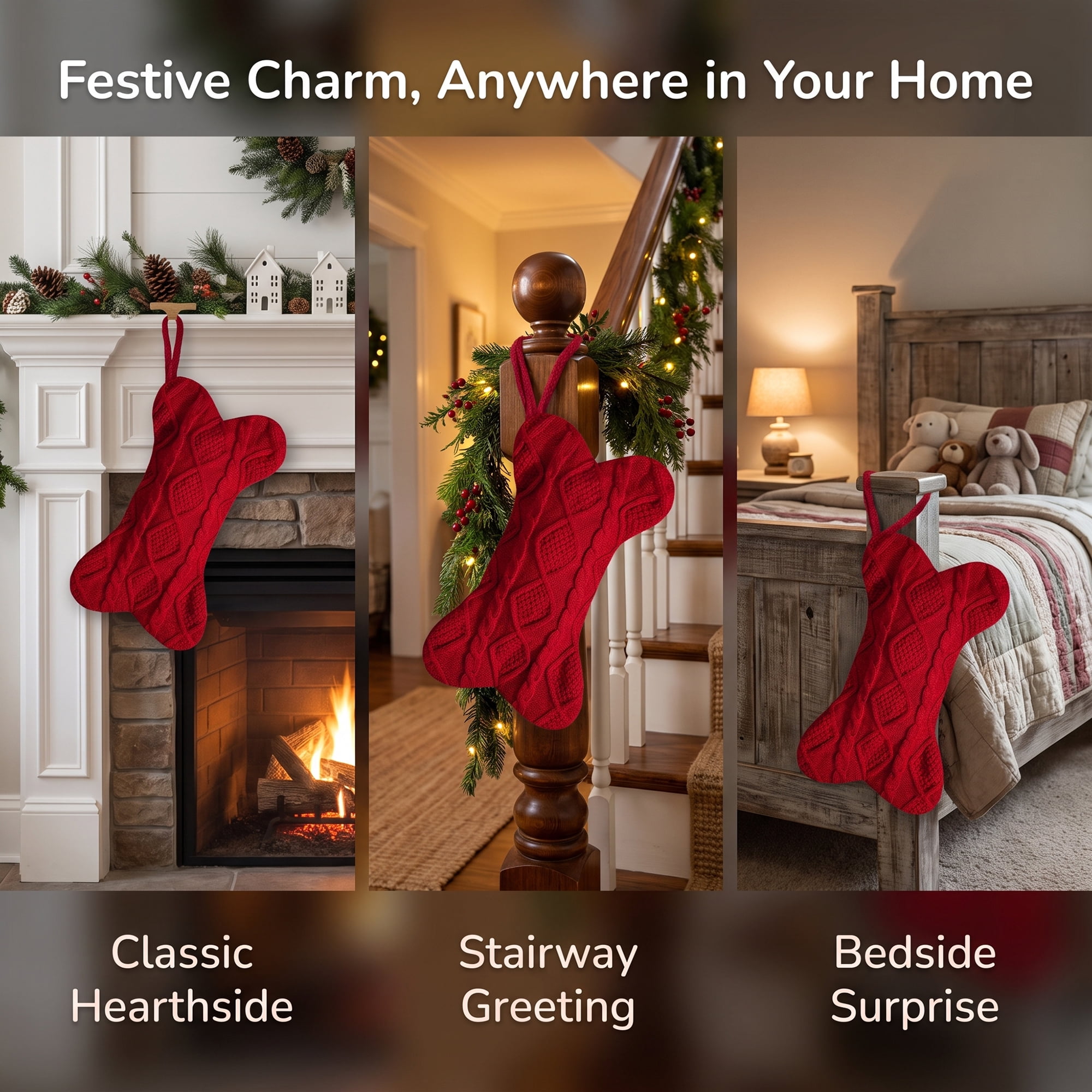 Unique Bargains Cartoon Christmas Stockings Luxury Tiered Mantel Accents Red 17"