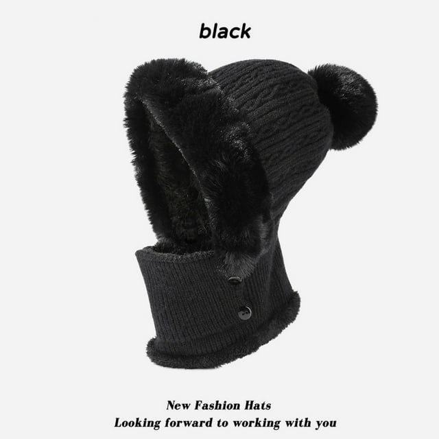 Heating & Warming Winter Knit Scarf Set Thick Lined Cap Ear Ski Hat with Pom for Cold Weather
