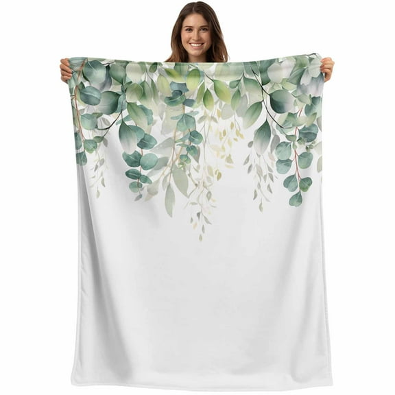 Green Floral Eucalyptus Throw Blankets, Rustic Watercolor Leaves Botanical Soft Fleece Blanket Decorative for Home Sofa Couch Chair Living Bedroom, 40x50 inches,