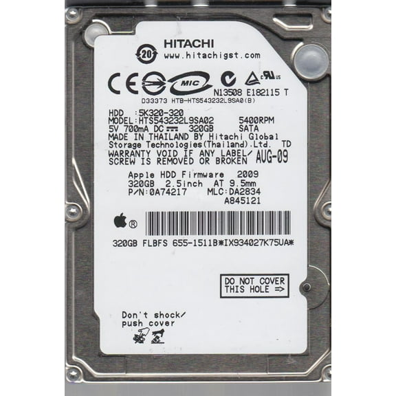 HTS543232L9SA02, PN 0A74217, MLC DA2834, Hitachi 320GB SATA 2.5 Hard Drive