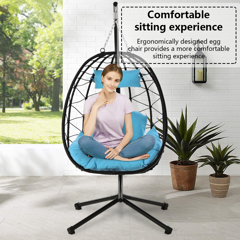Clearance! Hanging Wicker Egg Chair, Outdoor Patio Hanging Chairs with Stand, UV Resistant Hammock Chair with Comfortable Light Blue Cushion, Durable Indoor Swing Egg Chair for Garden, Backyard, L3938 - image 5 of 10