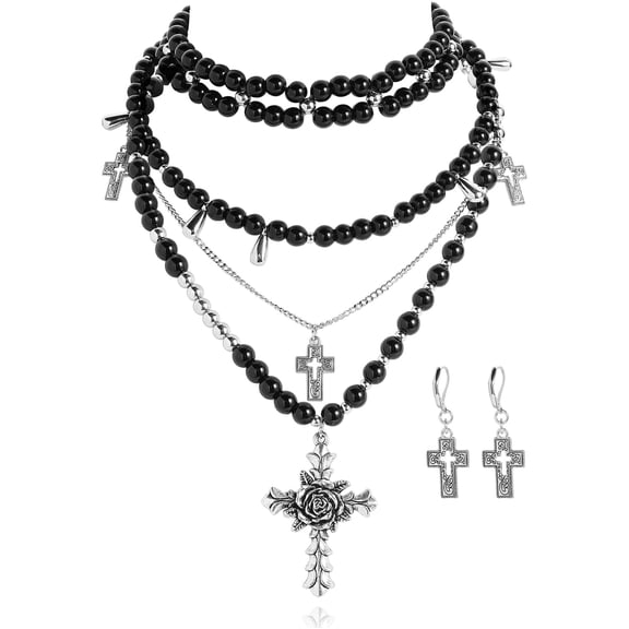 Bocar Gothic Cross Layered Pearl Necklace Chunky Statement Stacked Necklace Y2K Silver Layered Necklace for Women (NK-10769)