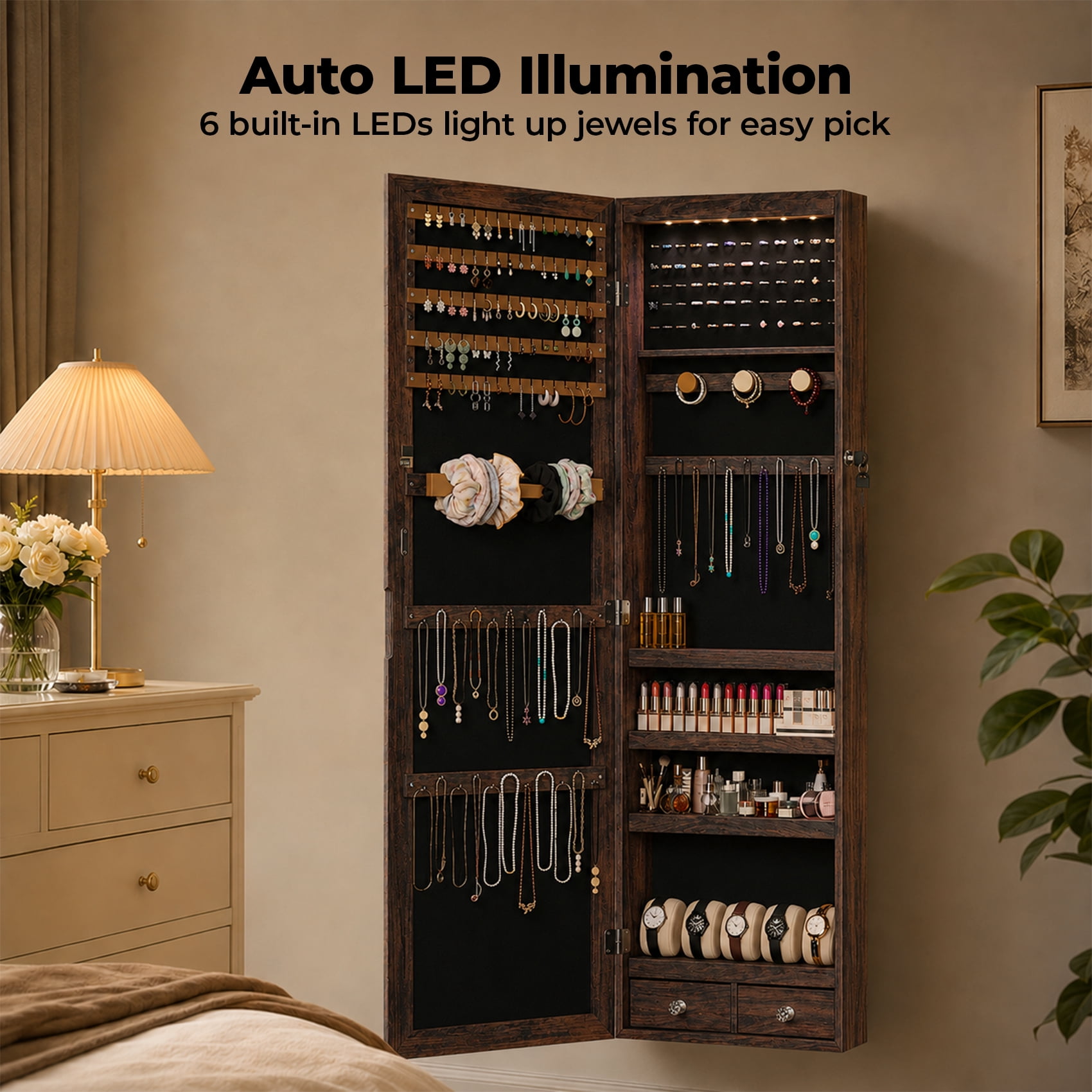Alvantor Jewelry Organizers and Storage, 47.2-Inch Tall Lockable Wall or Door Mounted Jewelry Armoire Organizer with Mirror, 2 Drawers, 6 LEDs Mirror Jewelry Cabinet
