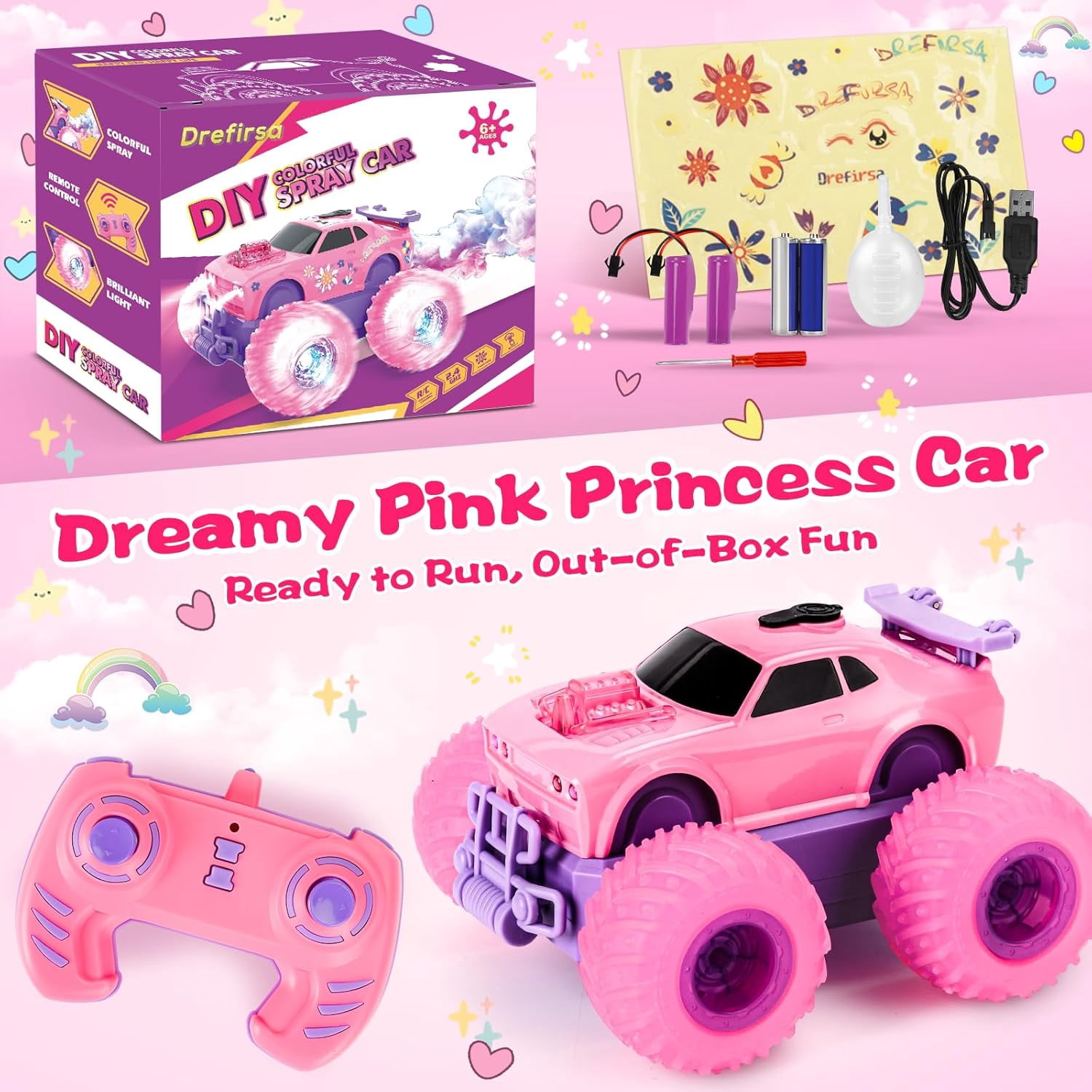 Drefirsa Princess Remote Control Car, Pink Monster Truck with Flashing Light, Spray, Stunt and DIY Sticker