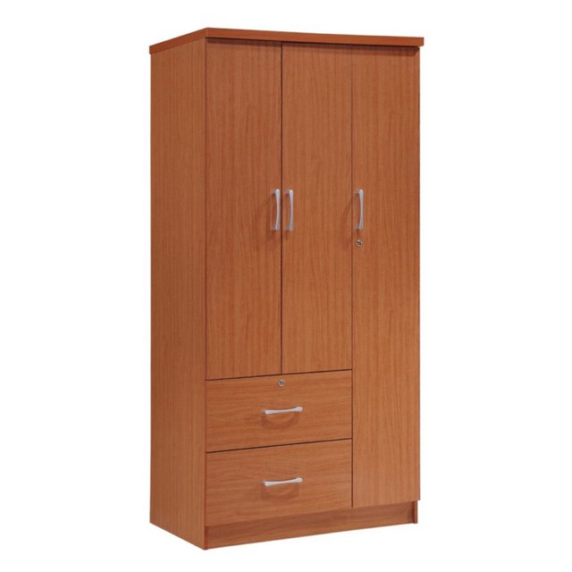 Hodedah Import 3 Door Armoire w/ Clothing Rod, Shelves, & 2 Drawers, Cherry
