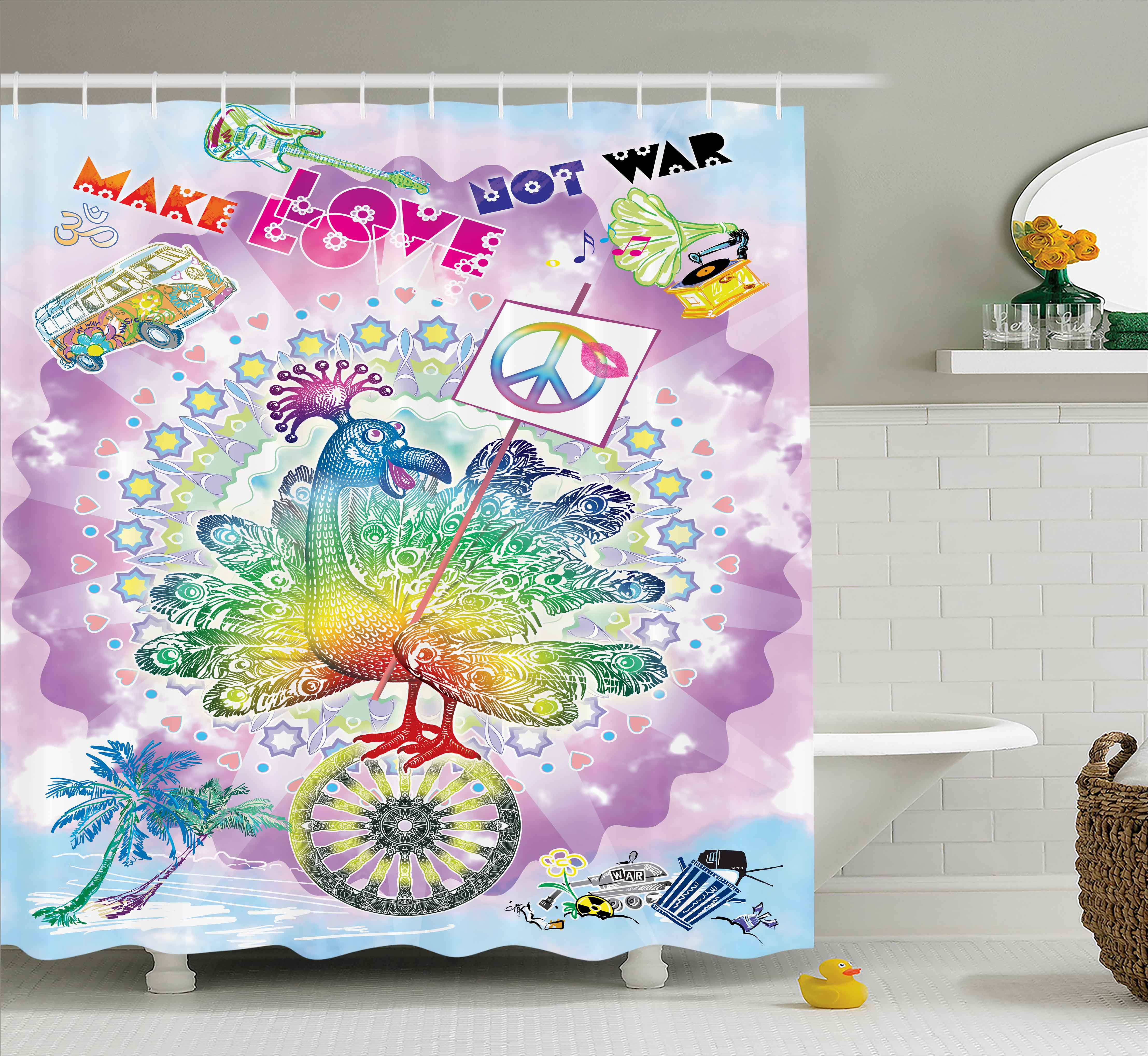 Hippie Decor Shower Curtain, Funny Peacock with "Make Love Not War" Quote Hippie Flower Children