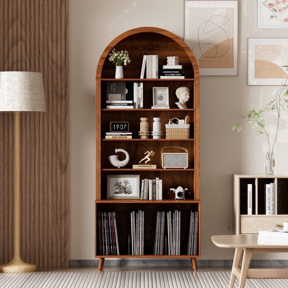 LUCKYELF Large Record Player Stand, Arched Modern Bookshelf, Holds Up 350 Albums, Vinyl Storage Cabinet