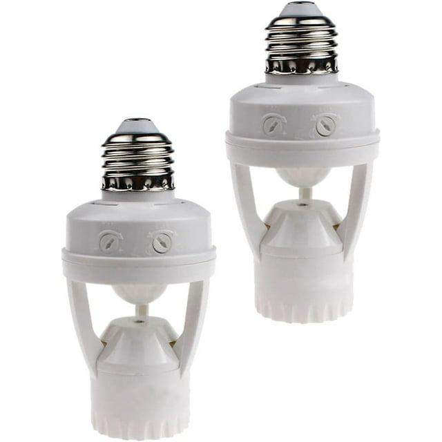 2 casquillos de luz activados por movimiento, casquillos con sensor de movimiento E26/E27 para añadir y apagar para luces existentes, luz con sensor de movimiento automático de anochecer y a