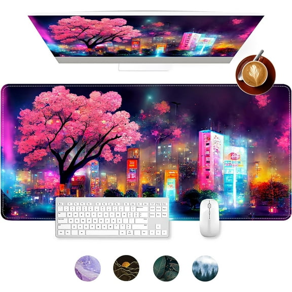 Mouse Pad, Japanese Night View Cherry Blossom Large Gaming Mouse Pad for Desk, Big Desk Mat with Seamed Edges, Waterproof Desk Pad, Non-Slip Rubber Base, Computer Mousepad, 31.5 x 15.7 Inch
