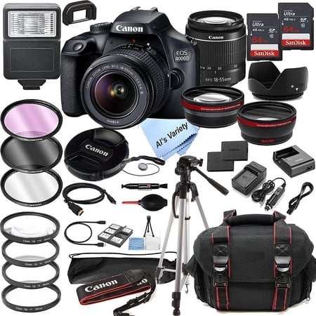 Canon EOS 4000D Rebel T100 DSLR Camera w EF-S 18-55mm F 3.5-5.6 Zoom Lens 128GB Memory Case Tripod Filters 36pc Bundle (International Version)