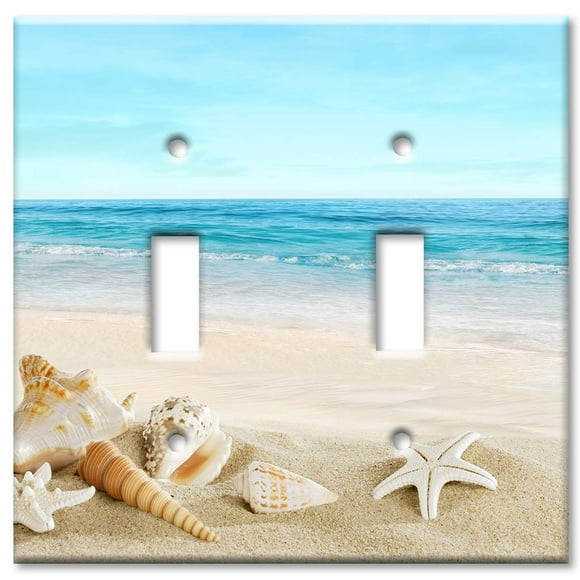 Art Plates - 2 Gang Toggle Metal Decorative Metal Wall Plate - Two Gang Toggle Switch Plate Cover - Seashells on the Beach (Made in the USA)