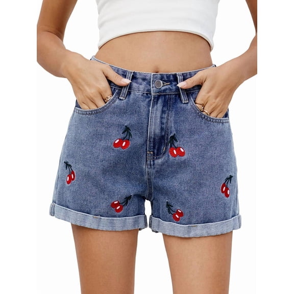 Womens Mid-High Waisted Cherry Embroidery Denim Jean Shorts Cutoff Stretchy Summer Hot Short Pants Blue XL