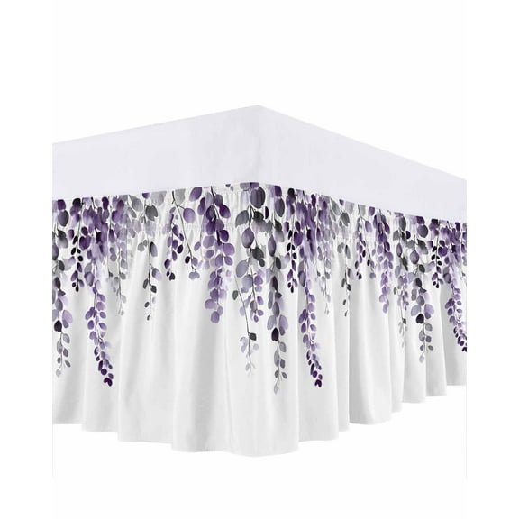 Dark Purple Bed Skirt King Size 16" Drop Eucalyptus Leaves Watercolor Plants Country Ruffled Wrap Around Bed Skirts Adjustable Elastic Bedskirt Dust Ruffle for King Size Bed
