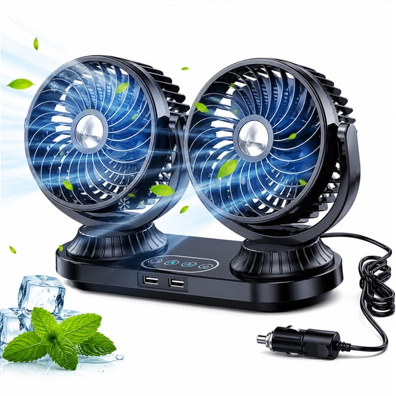 Car Cooling Fan, Dual Head Auto Oscillating Car Cooling Fan for Dashboard, DC 12V/24V Cigarette Lighter Powered 3 Speeds Vehicle Fan, Comes with 2 USB Charging Ports for Sedan Suv Rv Van Truck