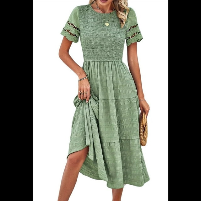 Vestido Elegante de y Verano para Mujer, Color Liso, con Cuello Redondo y Aberturas Fruta Verde M