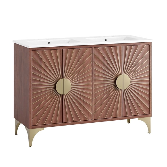 Modway Daylight 48" Solid Mango Wood Double Sink Bathroom Vanity in White/Walnut