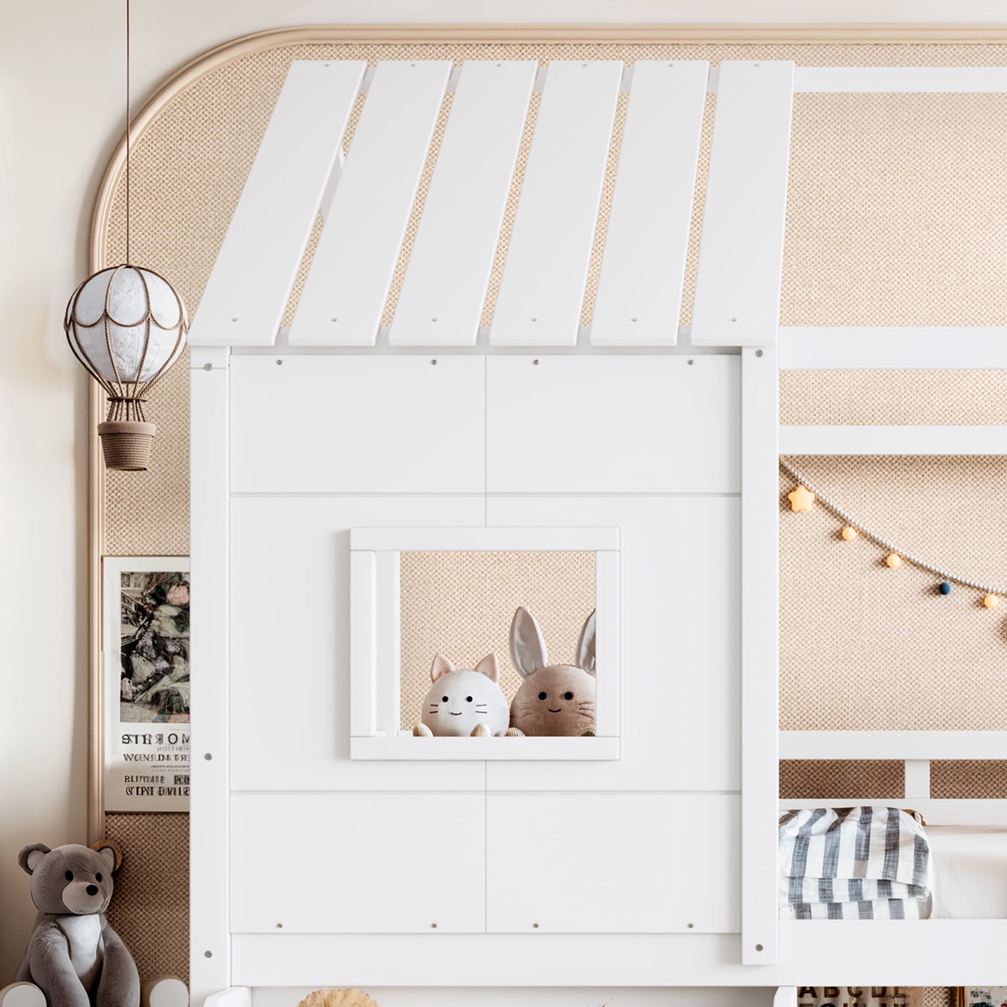 Leumius Full Size Loft Bed with Storage Shelves and Stairs, House Loft Bed with Playhouse Shape Roof and Window, Childlike and No Box Spring Needed Design, White