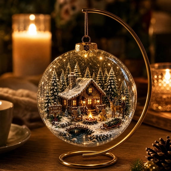 3.15 Inch LED Christmas Village Scene Ornament Light Up Transparent Acrylic Hanging Bauble with Winter Town Warm LED Glowing Xmas Tree Pendant for Home Decor Holiday Gift
